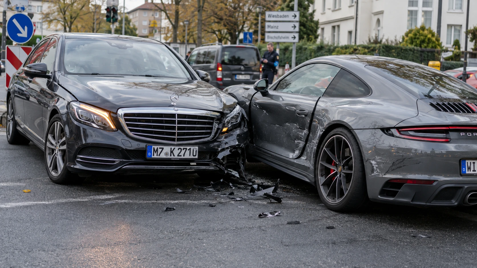 Zwei beschädigte Autos nach einer Kollision auf einer Straße in Deutschland